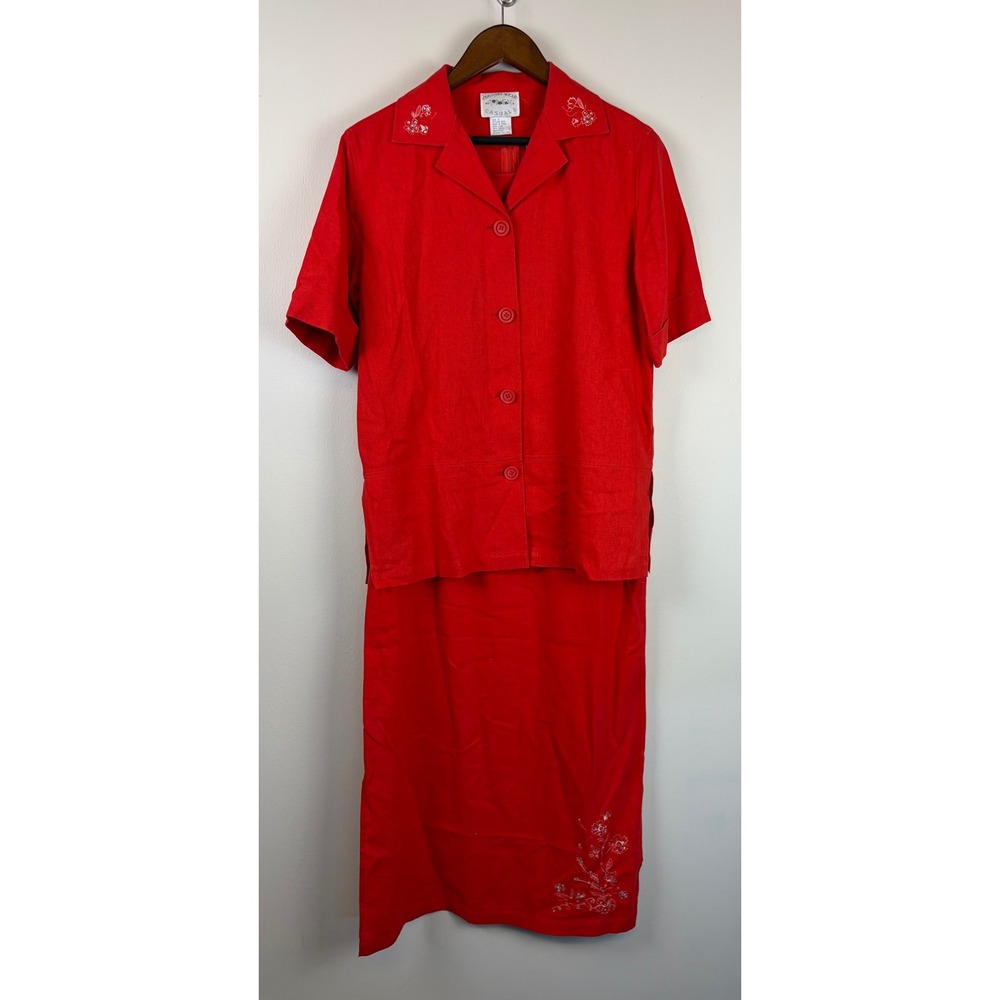 Vintage 90s 2 pc Set Country Wear Casuals Dress Small Red Linen Embroidered